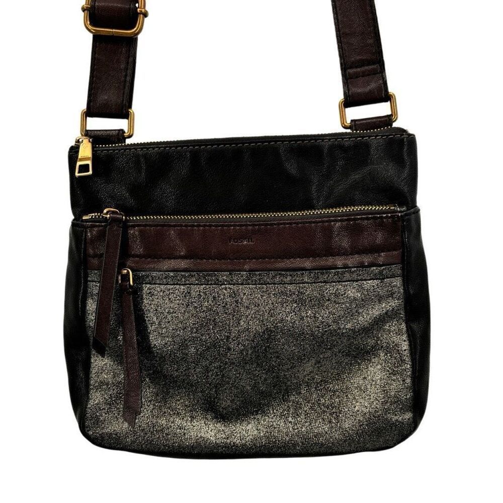 Fossil‎ Black Pebbled Leather Sparkle Crossbody Bag Black/Brown